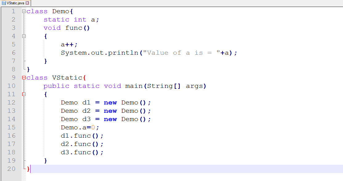 This image describes the sample program for static variable under static keyword in java.